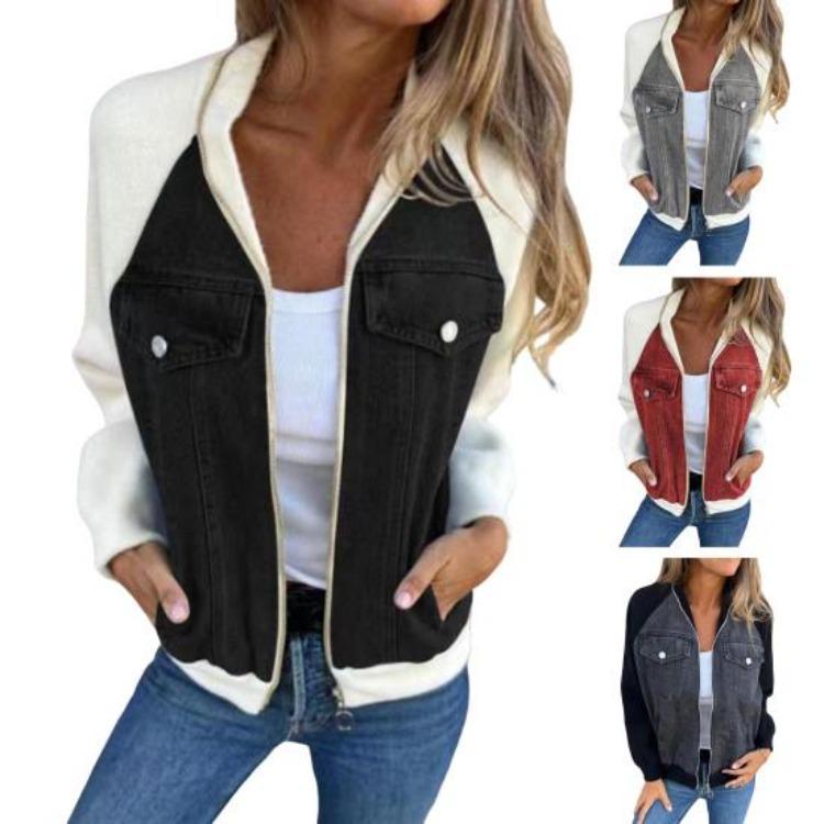 Long Sleeves Women Jacket Patchwork Raglan Shoulder Turn Down Cardigan Zip Up Pockets Color Matching Fall Winter