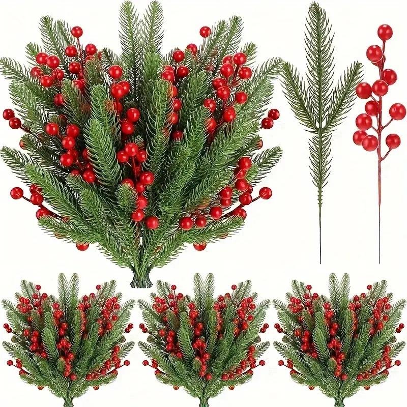 Christmas Artificial Flowers Simulated Fake Plants Red Berry Pine Branch Xmas New Year Gift Wedding Party Desktop Decor
