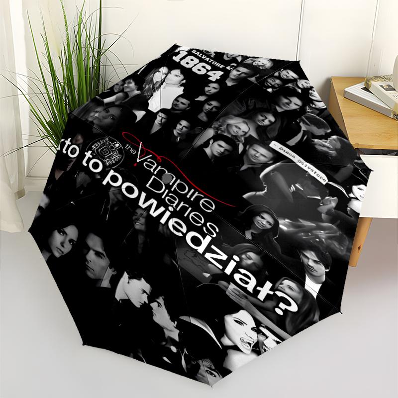 Parapluie Automatique Imprimé The Vampire Diaries, Structure en Fer à 8 Baleines, Poignée en Plastique, Convient pour les Voyages en Plein Air et le Quotidien, Cadeau Idéal