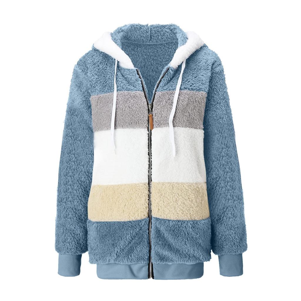 Women's Fashion Casual Loose Plush Striped Stitching Hooded Jacket Coat