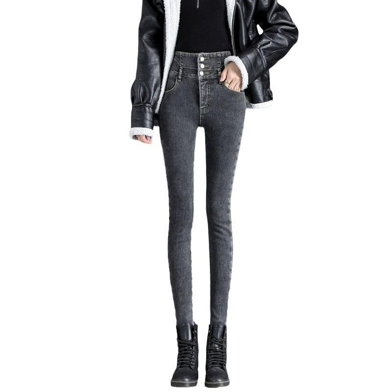 Fleece Jeans Women's Autumn and Winter New High-waisted, Thin and High-elastic Warm Denim Pants