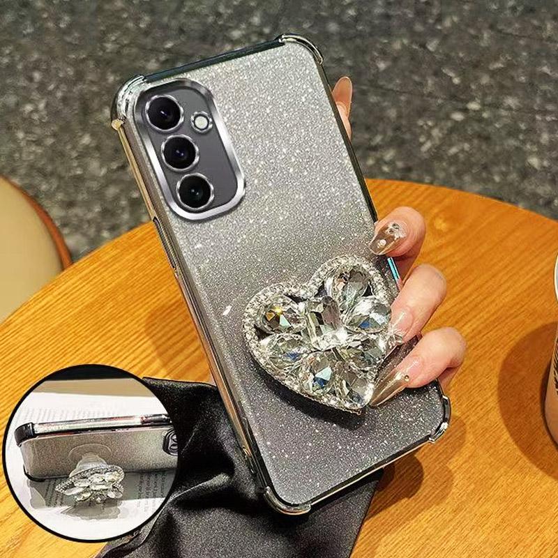 

Чехол для телефона для Samsung Galaxy A17 A07 S25 S24 Ultra S23 S20 S21 FE S22 Plus Блестящий Бриллиантовый Сердечко Противоударный Чехол-Крышка с Подставкой Galaxy A17 серебряный