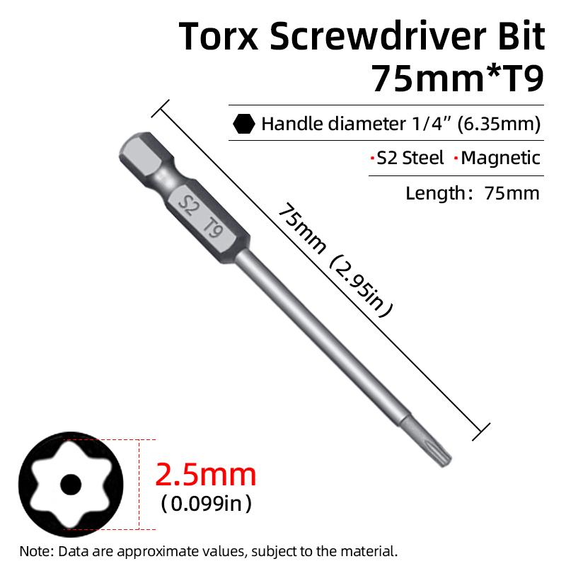 75mm Magnetische Torx Schraubendreherbits Security Manipulationssicherer Bit T6-T40 Hohlkopf Pflaumenblütenkopf S2 1/4'' Sechskant Hand Elektrowerkzeuge