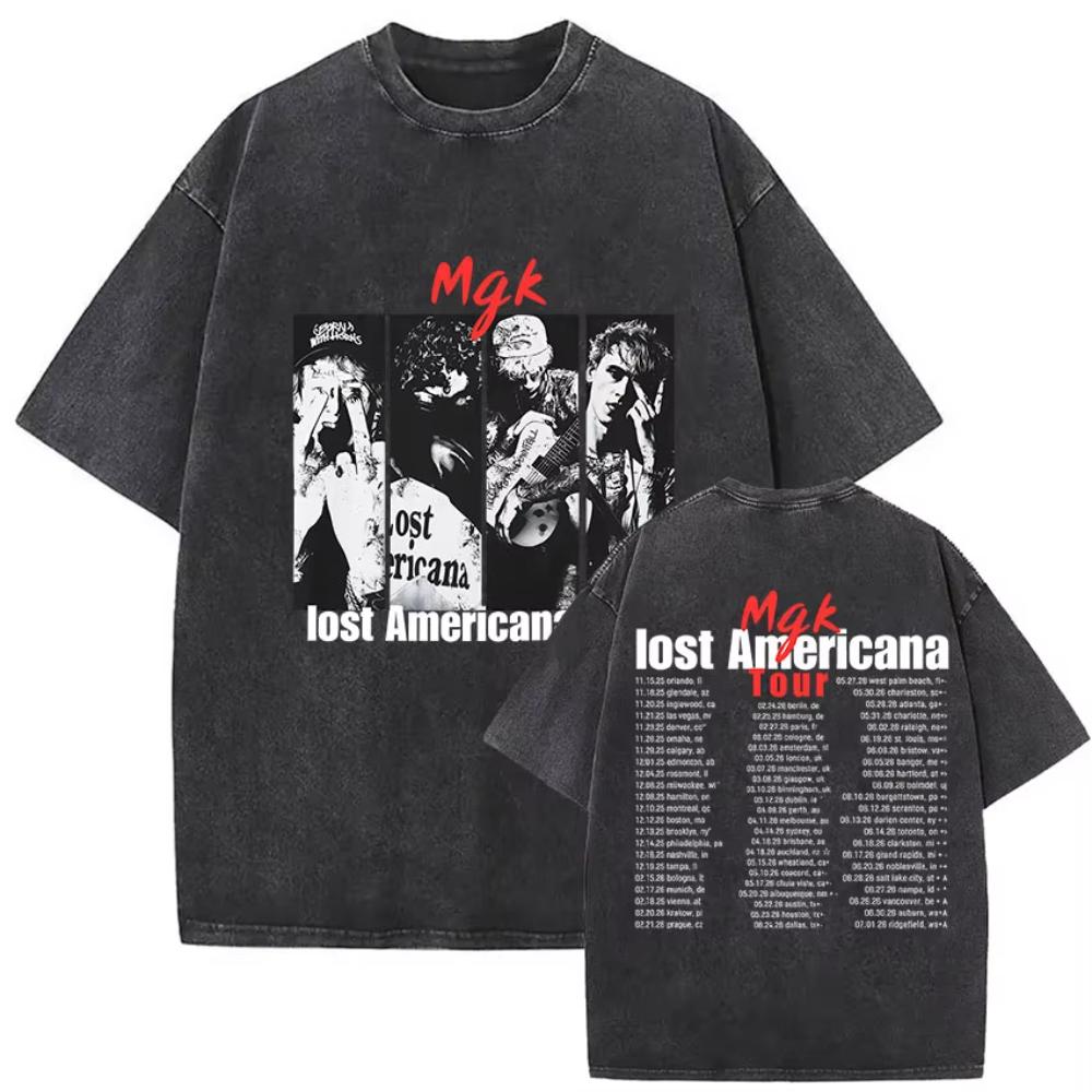 Vintage Washed MGK Lost Americana Tour Print Tshirts Men Women Harajuku High Quality Fashion Oversized Cotton T Shirt