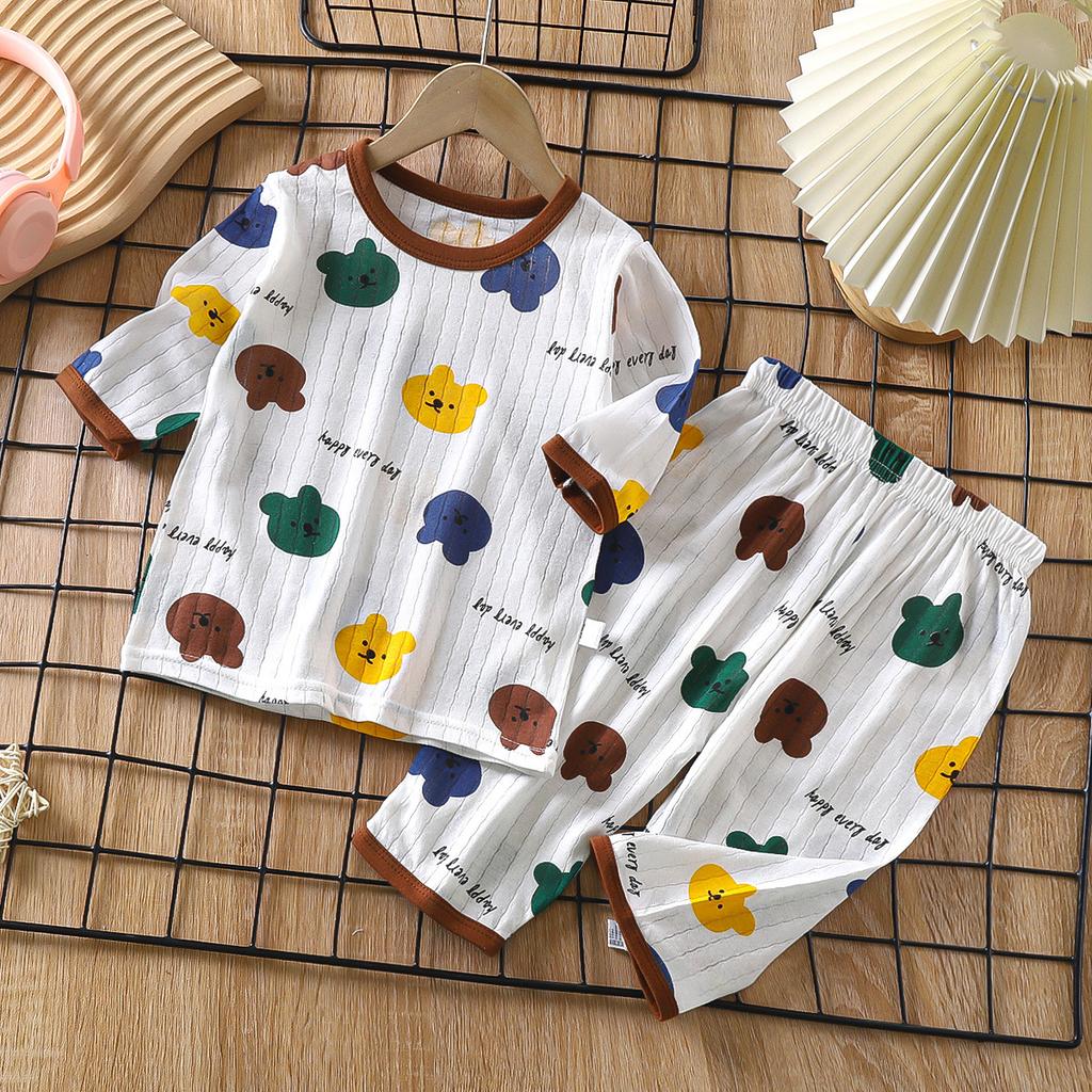 Childrens Cotton Cartoon T-Shirt and Striped Pants Set Cute Kids Loungewear Baby Pajamas Thin Clothing