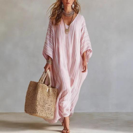 Women's Summer Striped Maxi Dress Loose Fit V-Neck 46085 Sleeve Boho Long Dress Casual