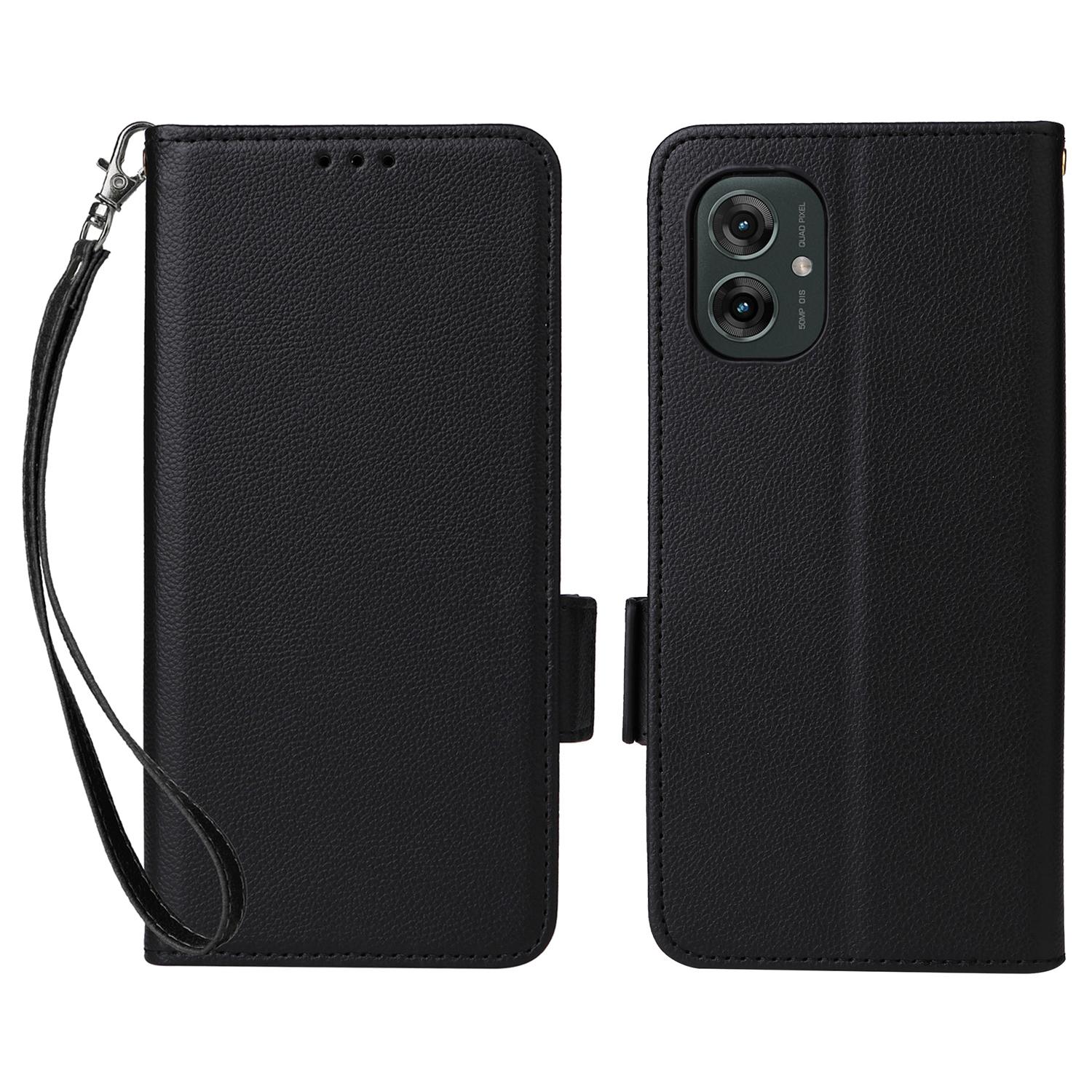 

For Motorola Moto G55 5G Case with Wrist Strap Litchi Texture PU Leather Wallet Phone Cover Black