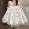 Women's Summer Floral Print Puff-Sleeve Shorts with High Waist, Loose-Fitting Casual Wide-Leg Skirt-Pants