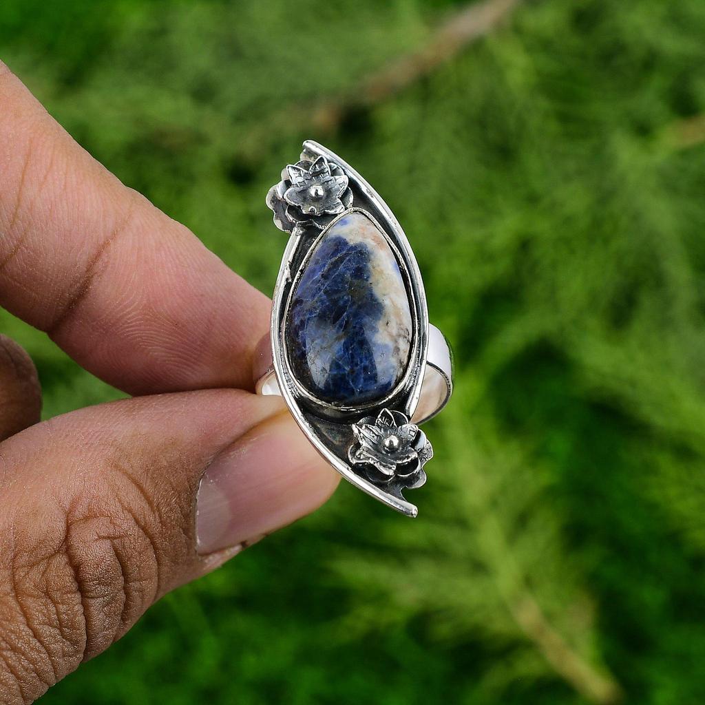 Easter Sale Sodalite Stone Sterling Silver Solitaire Flower Promise Ring Jewelry