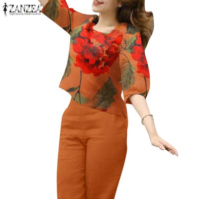 Women Floral Blouse and Pants Casual Two Piece Suit Set