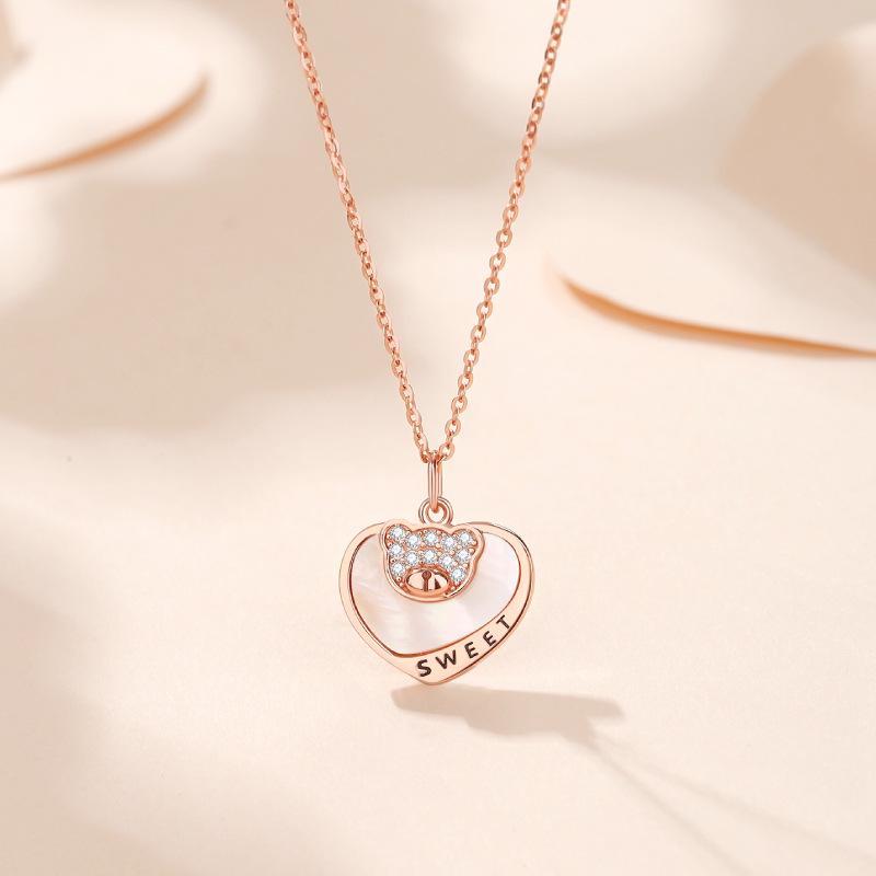 

S925 Silver Pink Mother-of-Pearl Sweetheart Bear Necklace for Women 925 Silver