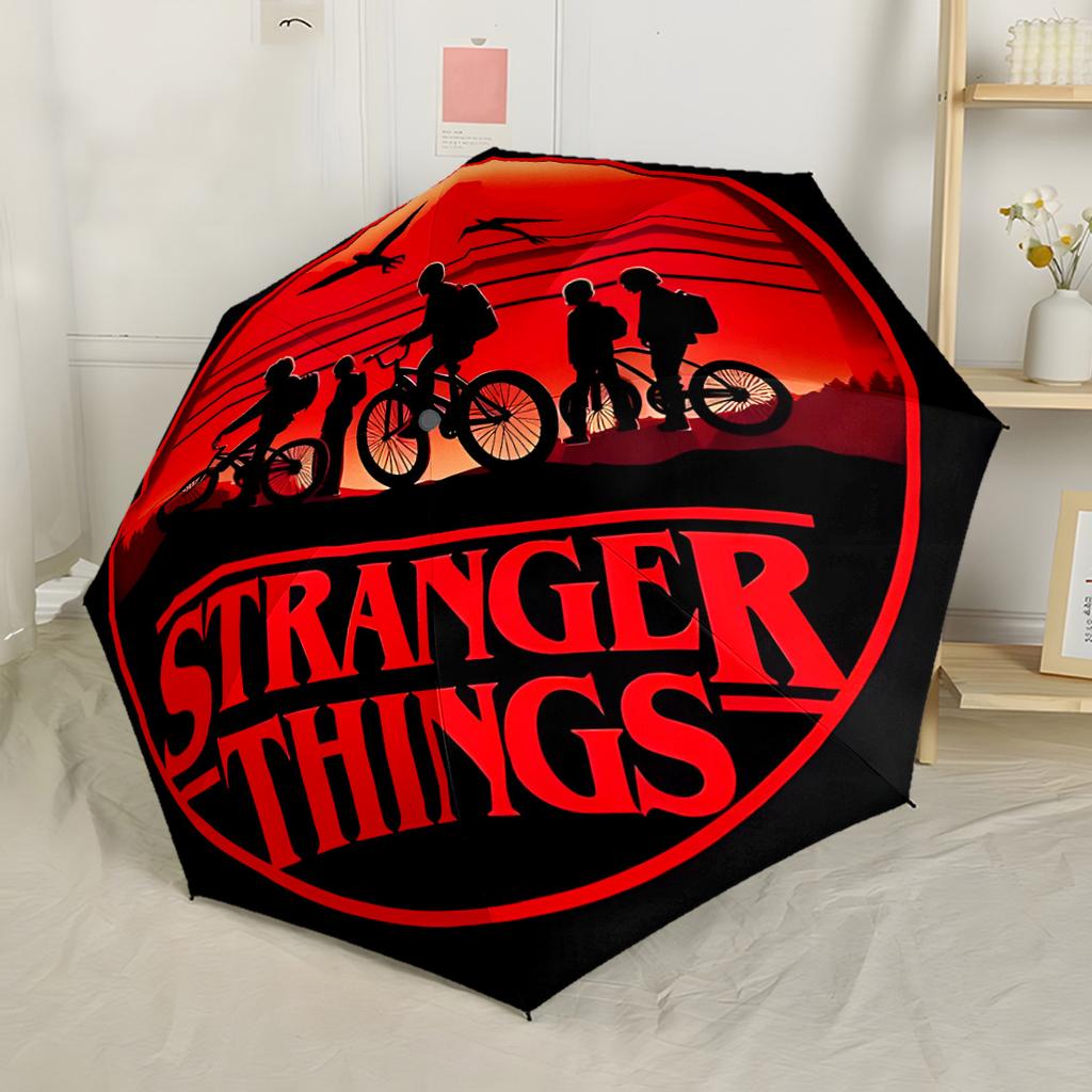 Stranger Things Fiery Faces Compact Travel Automatic Umbrella Compact 8-Rib Design Durable Plastic & Iron for Outdoor Daily Use Elegant Umbrella