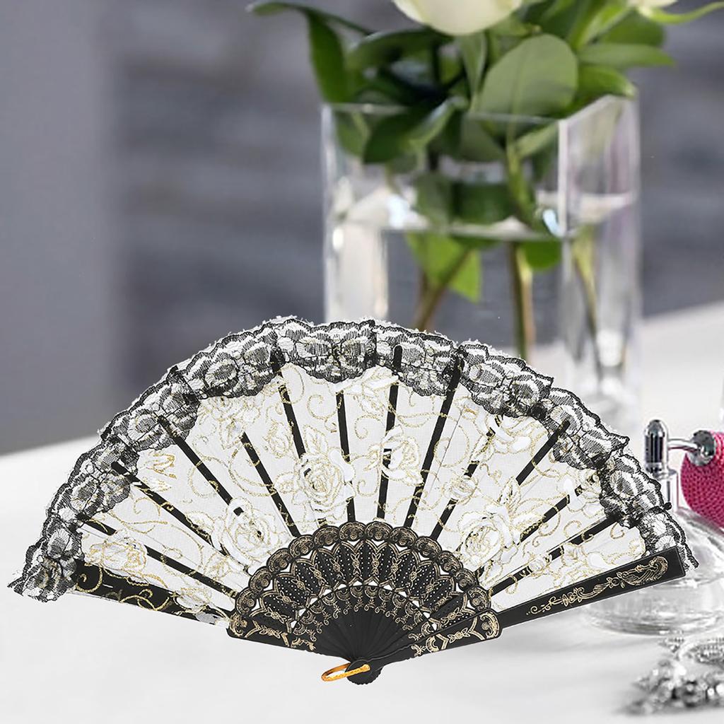 European Hand Lace Flower Gilding Folding Fan Dancing Party Fan(lake blue)