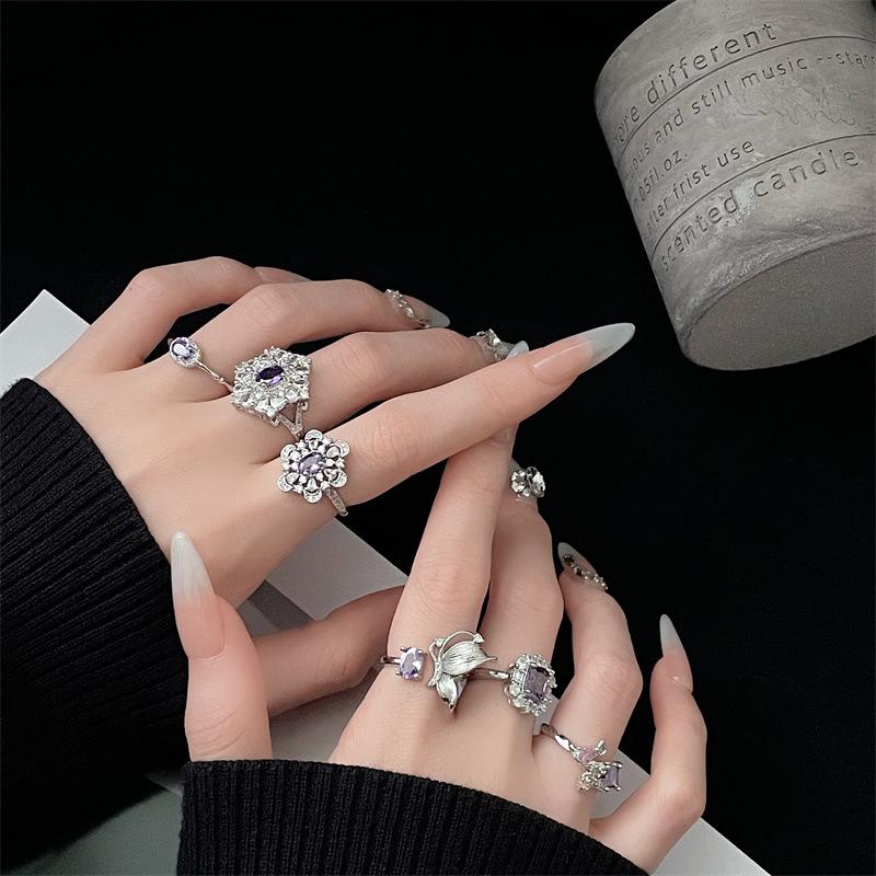 Purple Series Zir*****Pen Ring, Sweet Color Treasure, Fashionable French Light Luxury, High Sense, Full Of Diamond Rings, Female Tide