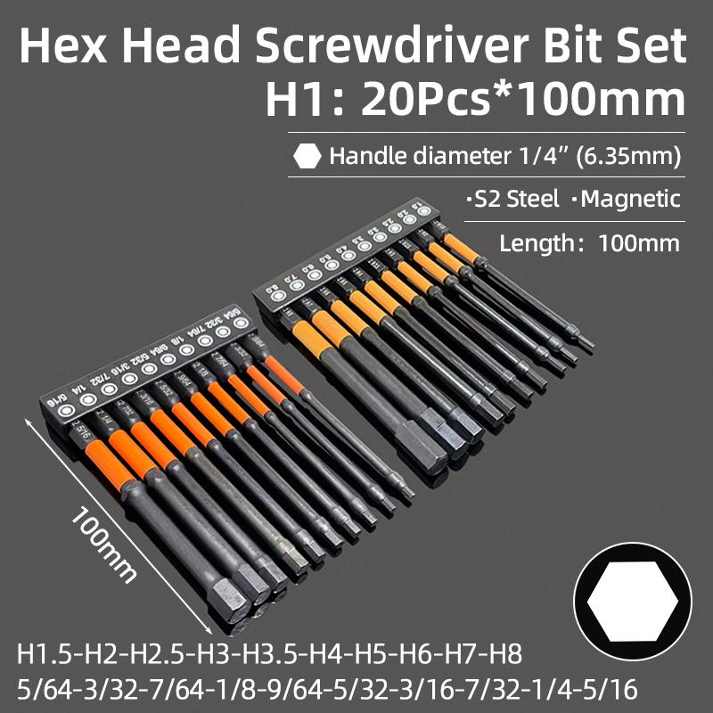 Hex Bit Set Head Allen Wrench Screwdriver Bit Set SAE Metric Hex Shank Magnetic Screw Driver S2 Steel Electric Drill Hand Tools