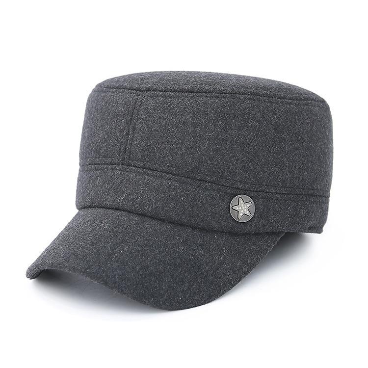 Men's Woolen Flat Top Hat with Ear Protection - Autumn/Winter Windproof Solid Color Baseball Cap