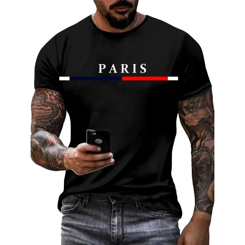 Summer Men's Gradient Paris Letter 3D Printed T-shirt Casual Round Neck Short Sleeve Comfortable T-shirt