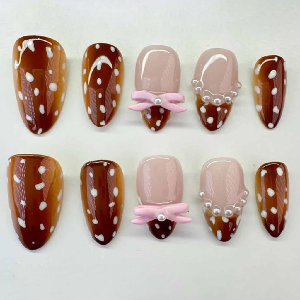 Autumn Brown Manicure Wearing Nail Piece Short Almond Nail Piece White Polka Dot Dot Fake Nail Piece