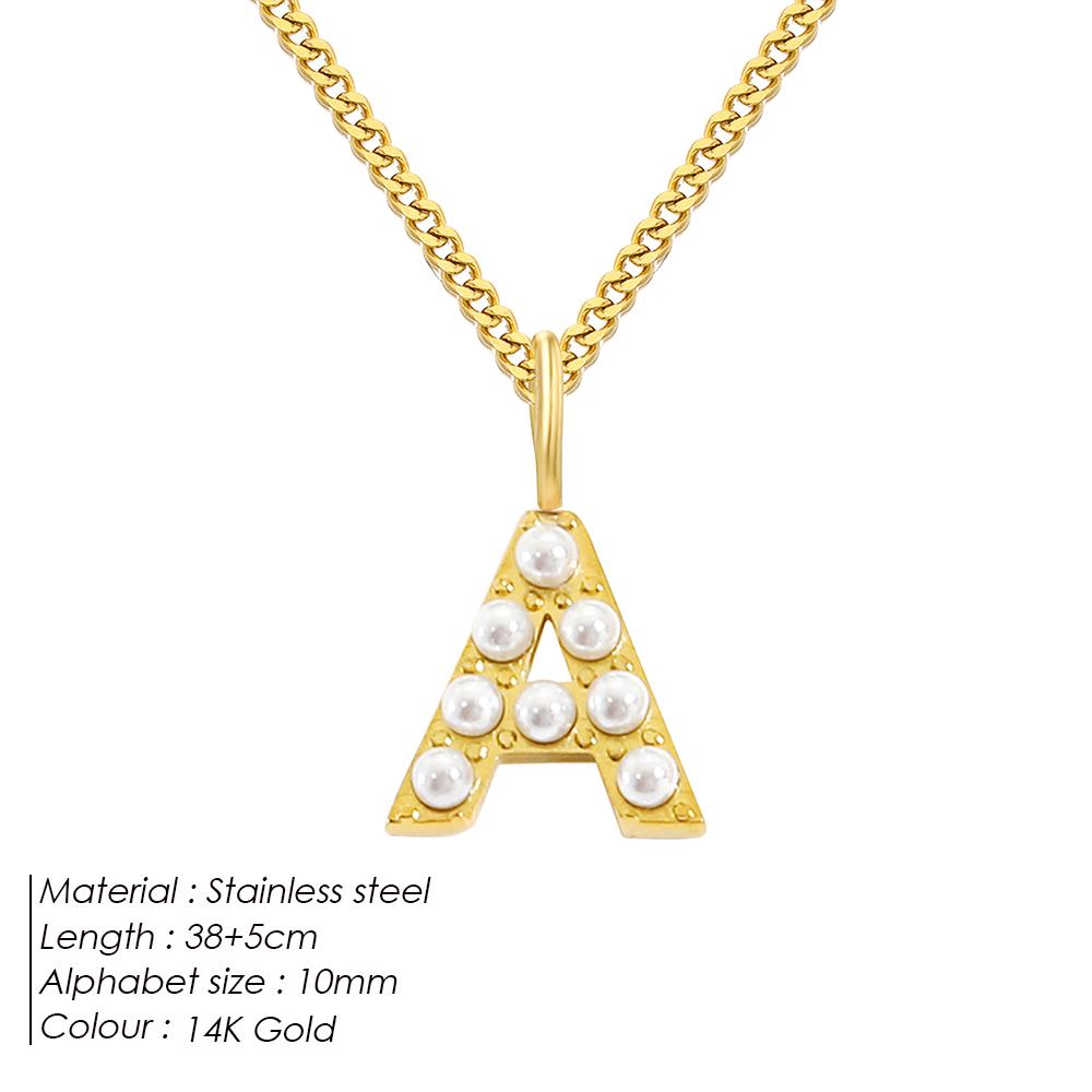 eManco DIY Imitation Pearl Letter Pendant Stainless Steel Cuban Chain Necklace Women's Gold Plated Accessories 48 Hour Shipping