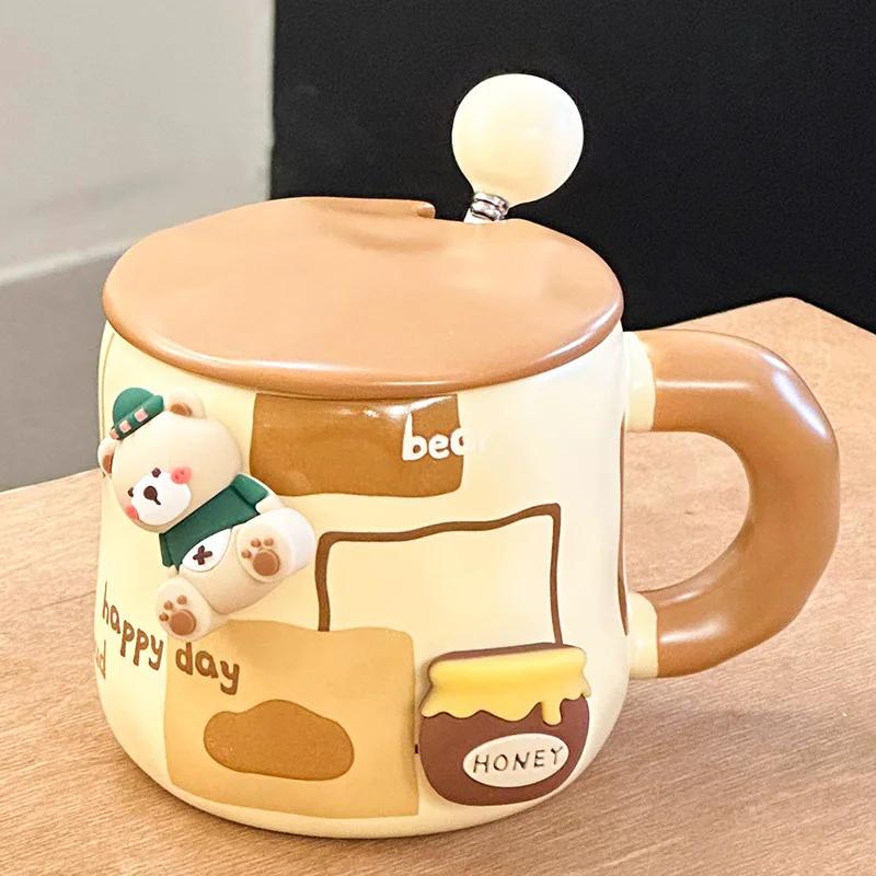 

Милая керамическая кружка с толстыми стенками в виде медвежонка с крышкой и ложкой, кофейная чашка, подарочная чашка на день рождения, домашняя чашка для пары, чашка для молока и кофе 450ml