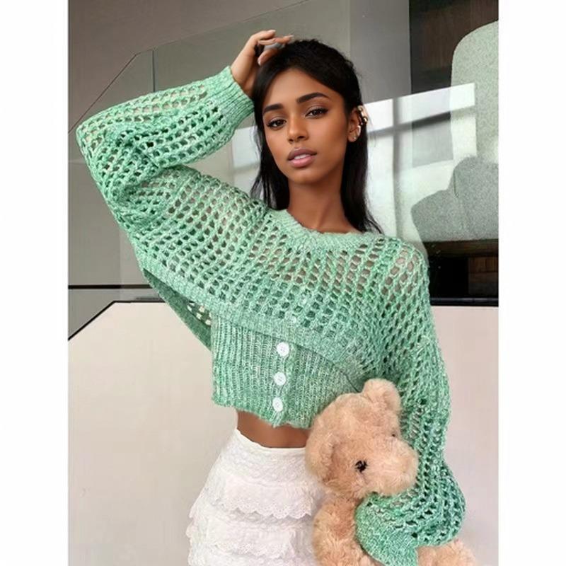 

Корейская мода Прозрачные топы и пуловеры, накидки, комплекты из 2 свитеров из двух частей, женские свободные, весна-осень, ажурные, трикотажные, ажурные, короткие топы One Size зелёный