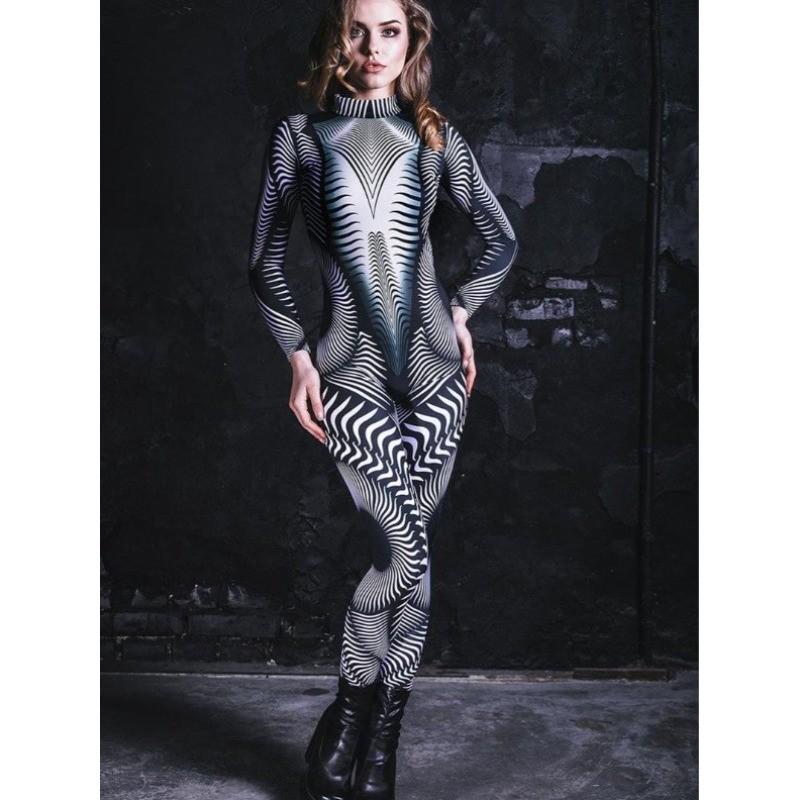 Unisex Cyber Punk 3D Digital Stripe Printing Halloween Party Role Play Outfit Women Men Cosplay Costume Carnival Jumpsuit