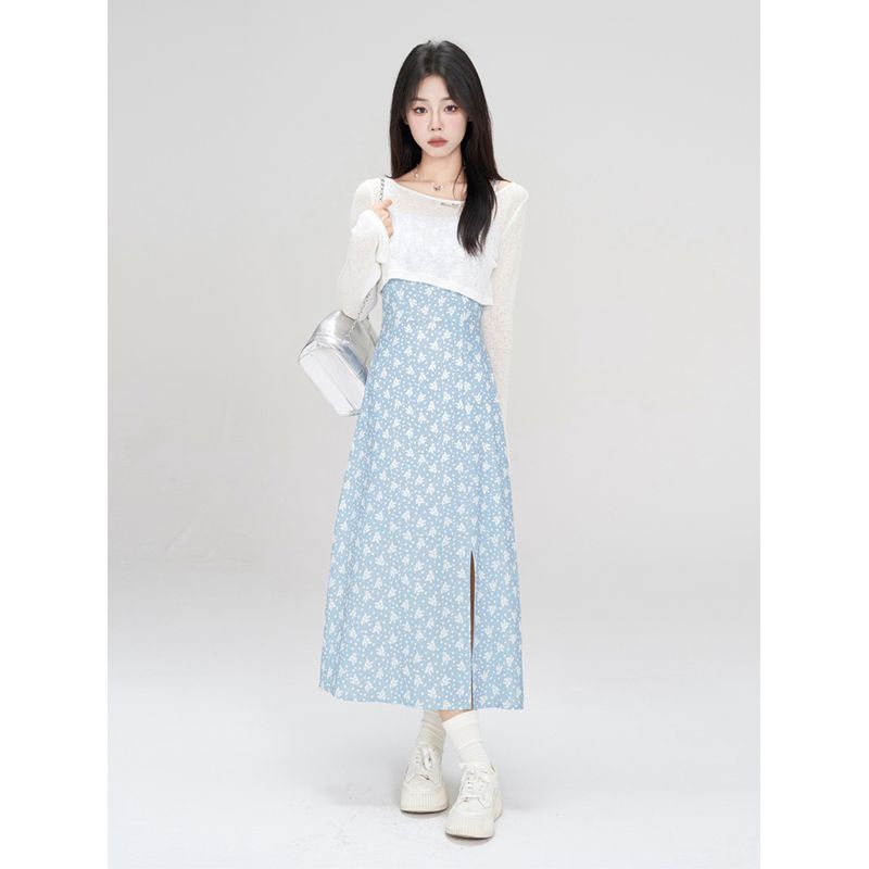 

Blue Floral Strap Dress Women s Summer Dress 2024 New Arrival Waist-Tight Slimming Elegant Long Dress Cardigan Suit Women Cardigan XL