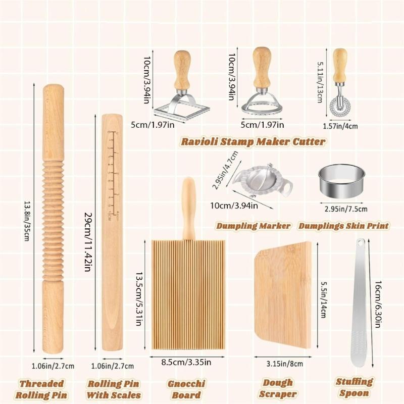 Wood Threaded Rolling Pin Pastas Tool Set Dough Scraper Gnocchi Board Dumpling Maker Ravioli Stamp Cutter Wood Texture