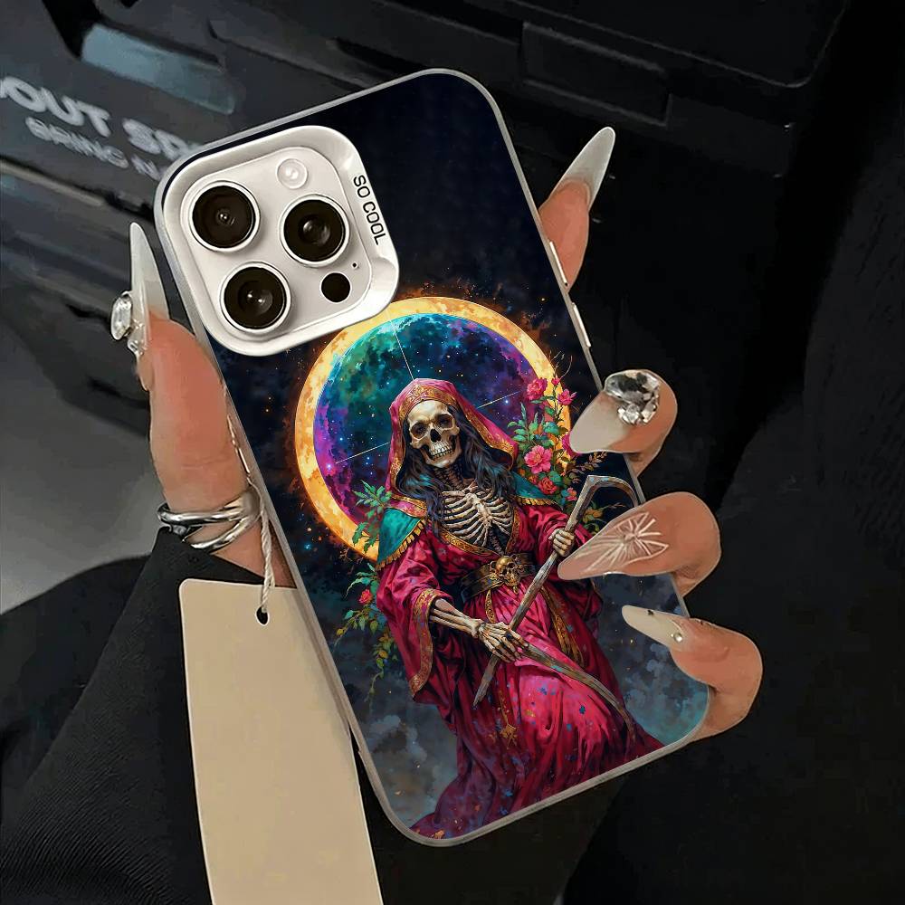 

S-Santa -M-Muerte P-print Phone Case For iPhone 11 12 13 14 15 16Pro Max Plus white Sliver Phone Cover iPhone14