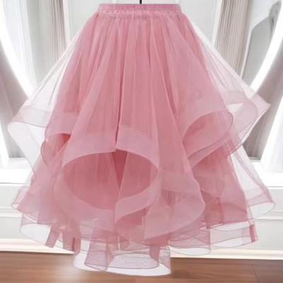 Fashion Tulle Skirt Spring Summer Women Irregular Mid Length Mesh A Line Skirt Women Solid Sweet Party Skirt Female Clothing