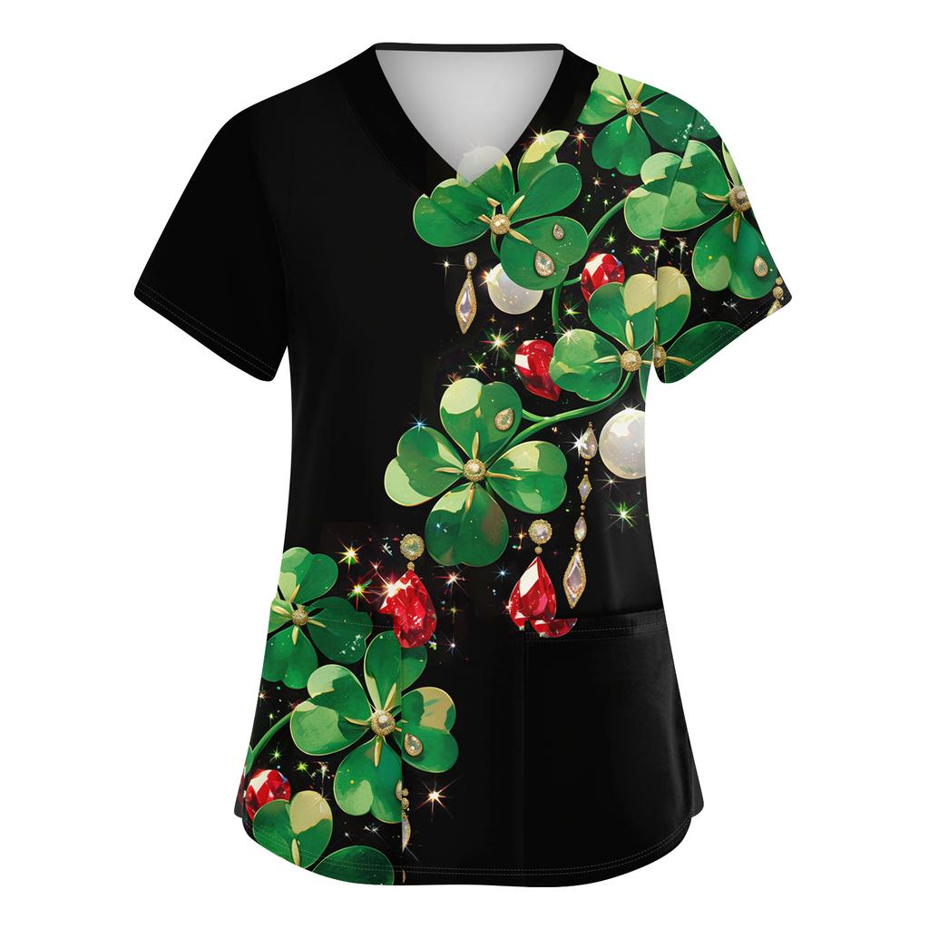 Women's Fashionable V-neck Workwear Printed Short Sleeved Pocket Side Slit Workwear Basic Pullover Top