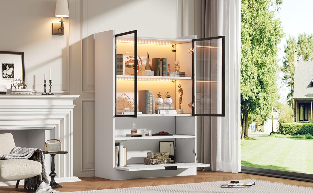 Moderner LED-Ausstellungsschrank Höhe 120cm mit LED-Beleuchtung, Wohnzimmerschrank mit Glastüren und Falttür, Spanplatten-Ausstellungsschrank, Weiß