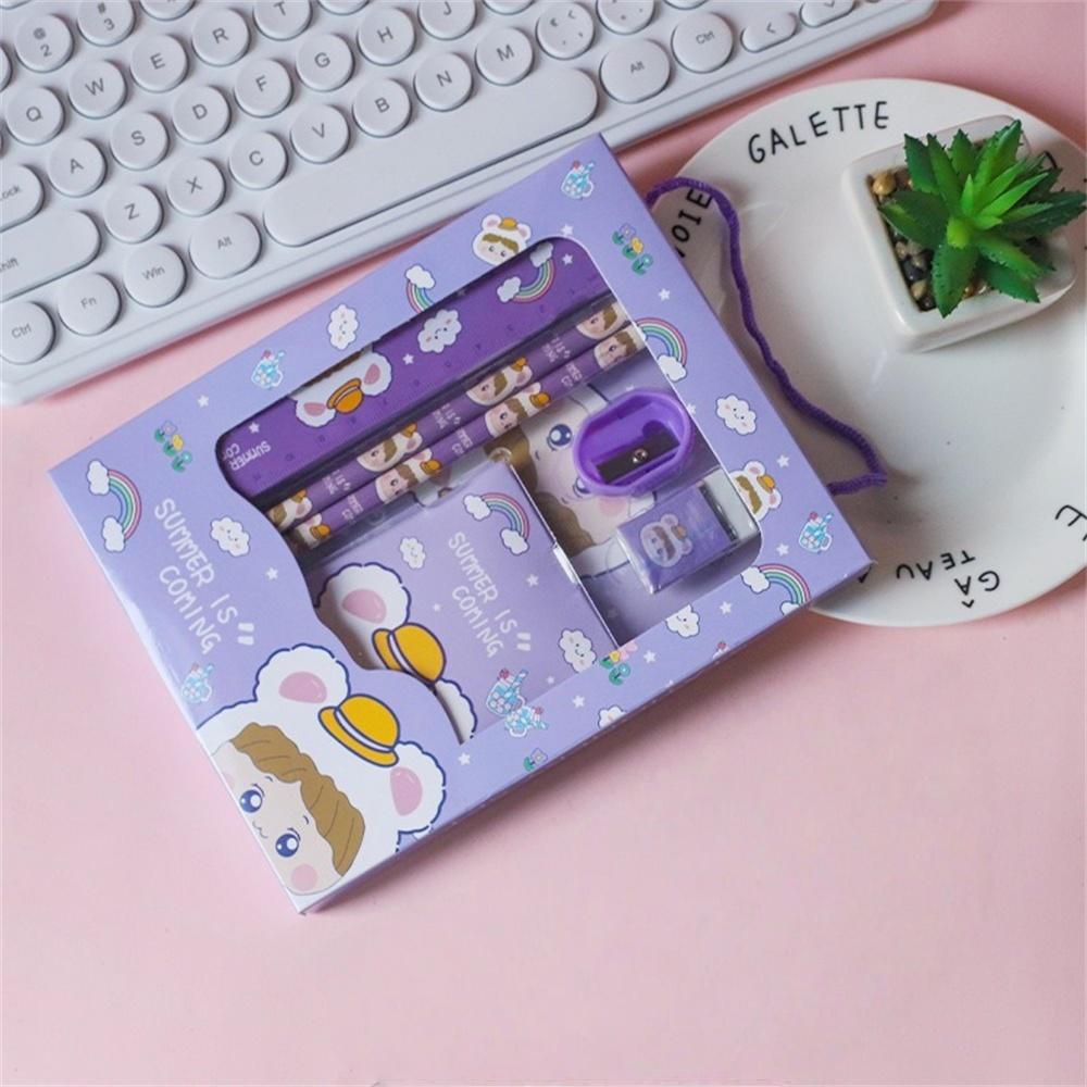 1 Set Cartoon Stationery Set Including Pencil Notebook Ruler Eraser Pencil Sharpener Student School Supplies Stationery Gifts