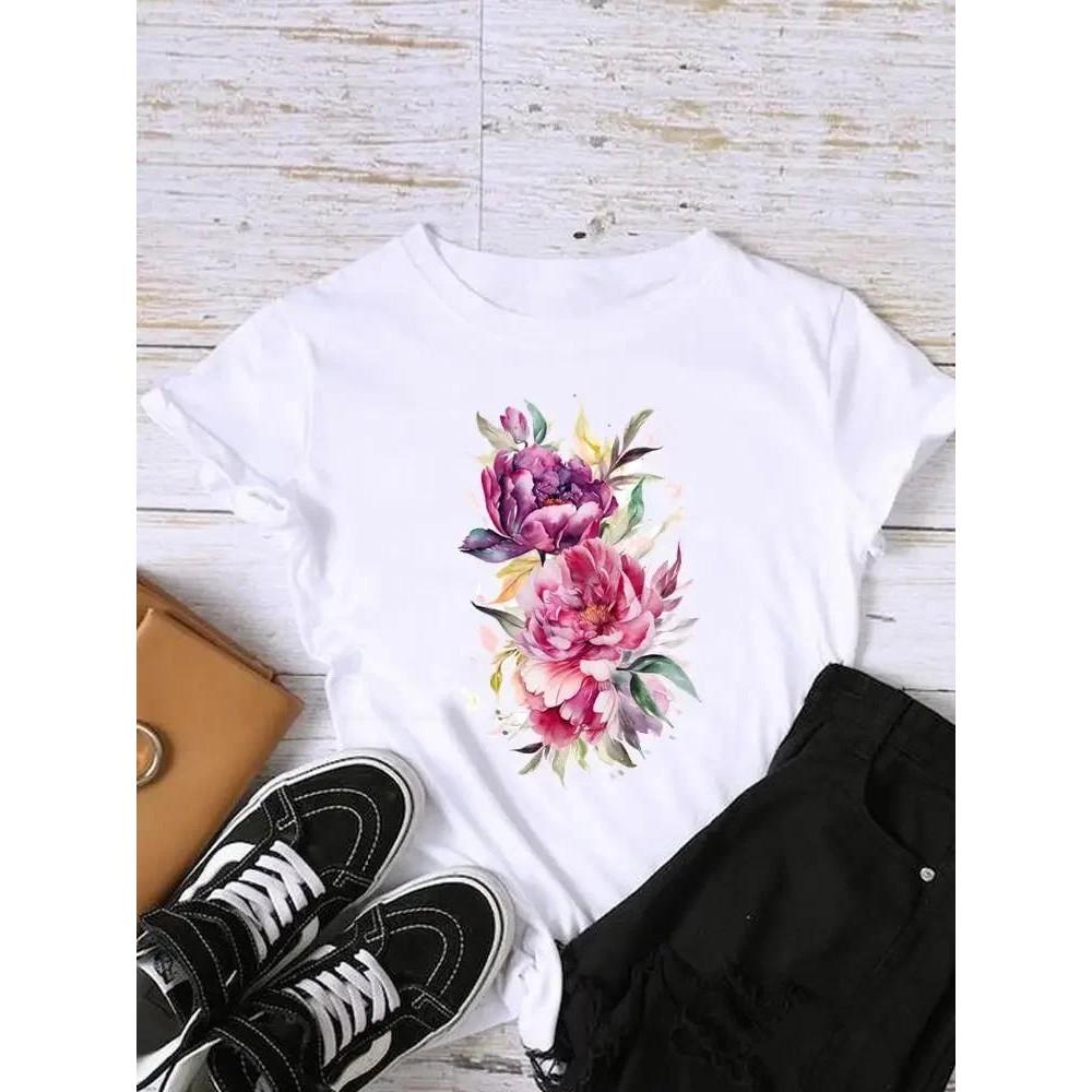 Sleeve Graphic T-shirt Women Top Print Fashion Clothing Watercolor Trend Lady Female Shirt Tee Clothes