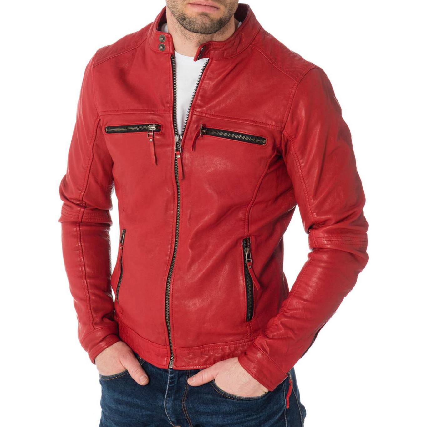 

SkinOutfit Men s Genuine Lambskin Red Leather Jacket Stylish Motorcycle Bomber Biker Outerwear MJ 46 XXXL червоний