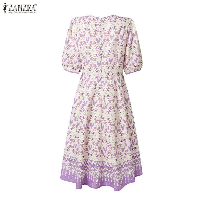 ZANZEA Damska codzienna sukienka letnia z okrągłym dekoltem i krótkim rękawem z nadrukiem