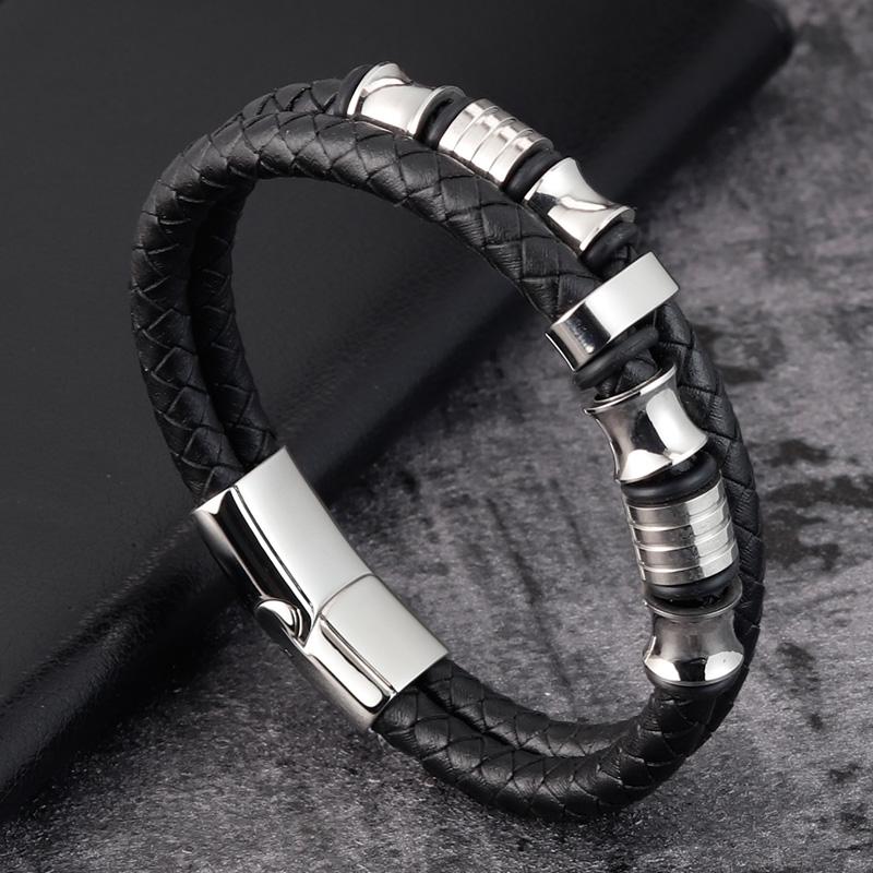 

Luxury Fashion Geometric Design Multi-layer Men s Leather Stainless Steel Bracelet Selection Magnet Bracelet Gift 19cm
