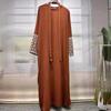 2025 Middle East Muslim Fashion Embroidered Cardigan Dress with Waistband & Pockets