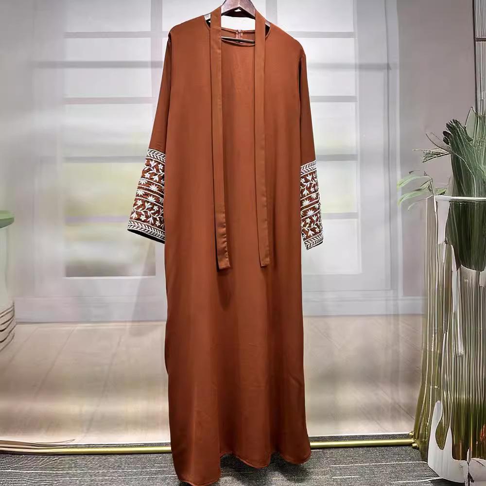 2025 Middle East Muslim Fashion Embroidered Cardigan Dress with Waistband & Pockets