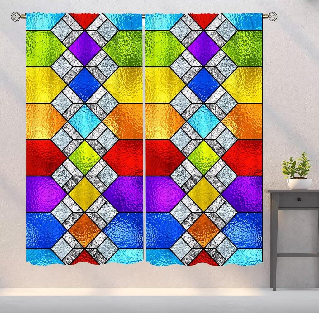 Stained Glass Curtains, Retro Colorful Style Art Printed Window Drapes for Bedroom Living Room Kitchen Decor Fabric 2 Panels