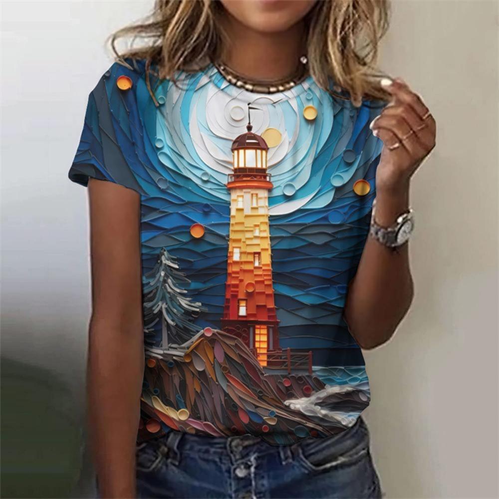 Sommer 3D-gedrucktes Ozean-Leuchtturm-T-Shirt für Damen Grafik-T-Shirts Nachtszene Lässige Harajuku T-Shirts Kurzarm Rundhals Oberteile
