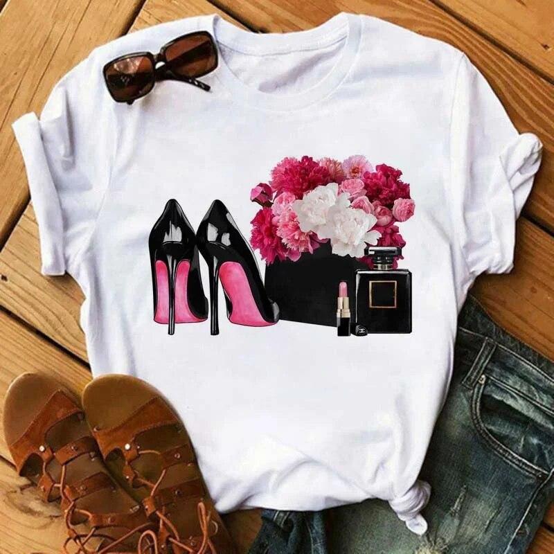 Maycaur Pinke High Heels Blumen Taschendruck T-Shirt Damen Trendy Hipster Harajuk Kawaii Kurzarm Oberteile T-Shirt Femme Kleidung Unisex