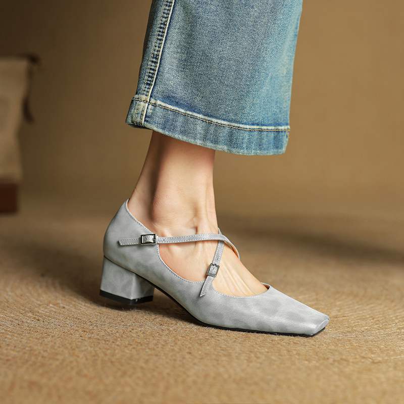 Krazing Pot Full Grain Leather Fashion Spring Autumn Med Heels Women Square Toe Buckle Straps Shoes Leopard Shallow Pumps