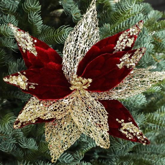 Fleurs de Poinsettia en Tissu à Paillettes de Noël 11 Pouces Grandes Artificielles à Paillettes Ornements d'Arbre de Noël pour Mariage Fête de Fin d'Année