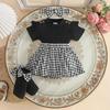 Cute Summer Girls' Infant Toddler Outfit Flutter Sleeves Short Sleeves Houndstooth Pattern Soft Treatment Dress Socks
