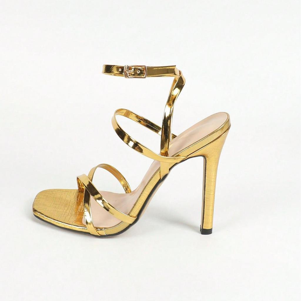 Damen Square Head Cross One Word mit Knöchelriemen Stiletto Sandalen Damenschuhe Party Goldene Absätze