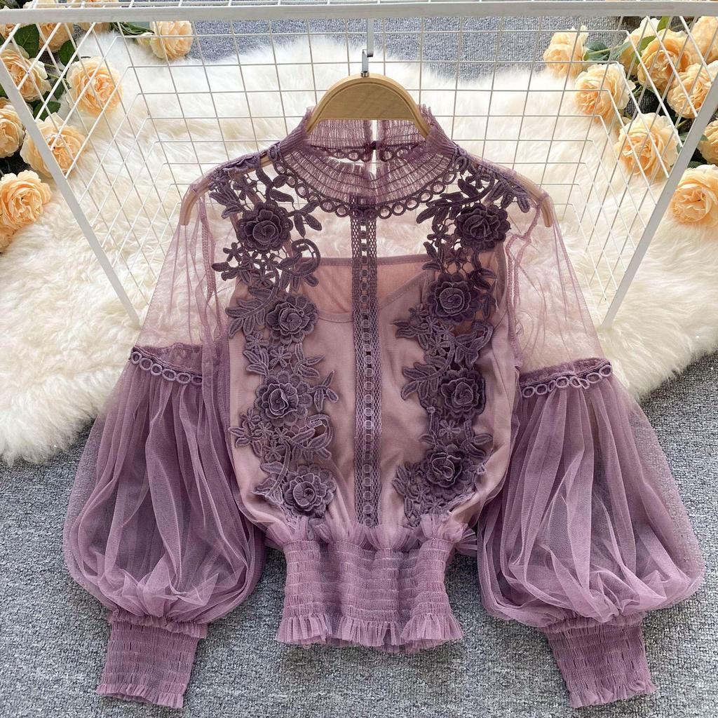 Niche 3D Flower Patchwork Mesh Lantern Sleeve Slim Fit Lace Top for Women