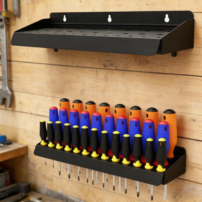 Dark Metal Screwdriver Rack Wall Mounted Tool Shelf For Easy Access And Space Saving In Workbench