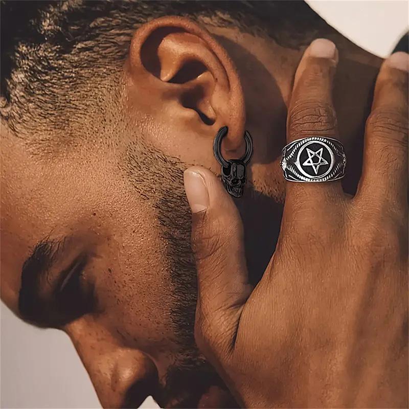 1 Pair Of Black Skull Head And Hoops Luxury Earrings of Men's Earring For Jewellery 2024,men's Stainless Steel Earring