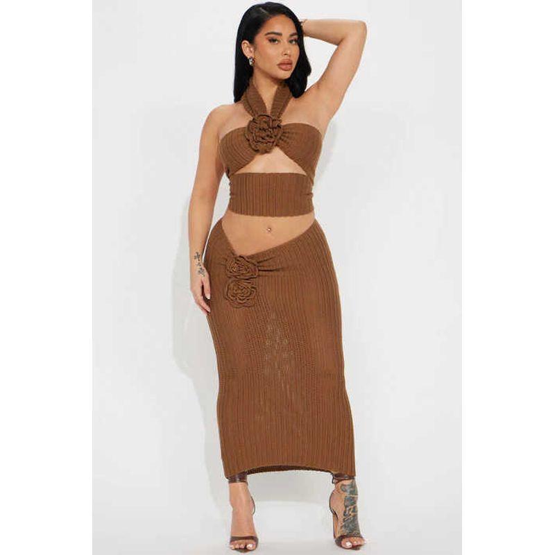 

Beach Suit Flower Vest Skirt Travel Photography Two-piece Set Sexy Beach Bikinis Knitting Suit Dark brown S